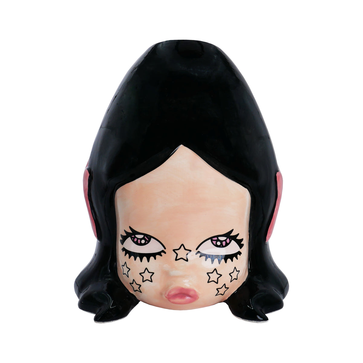 Front of Valfré Sanity ceramic vase with black hair, stars on the face and pink lips.