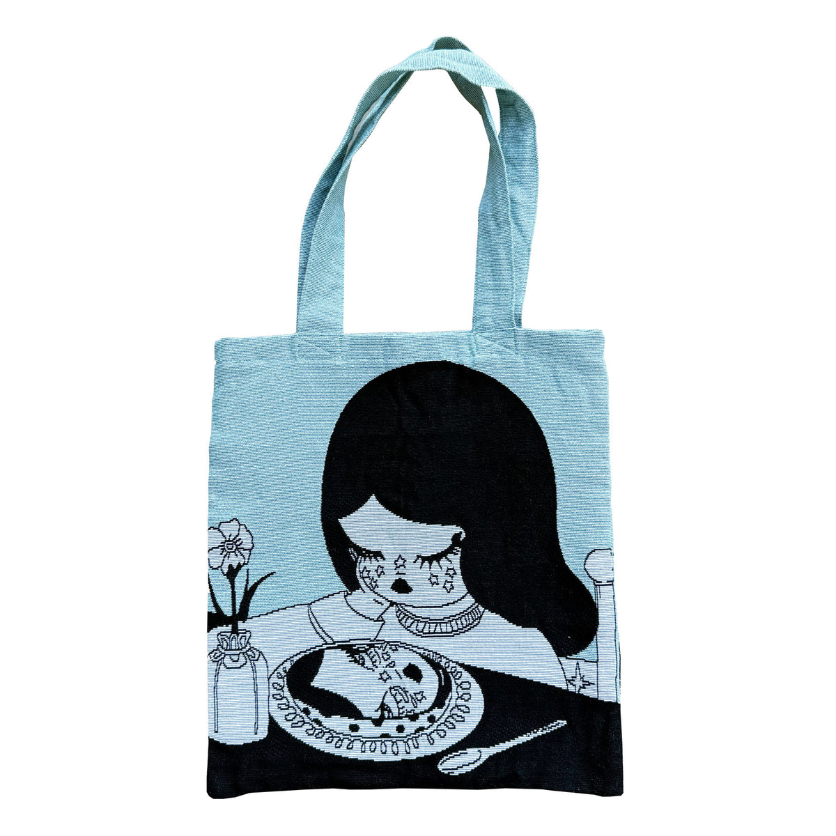Tear Soup Woven Tote by Valfré, front view with character artwork.